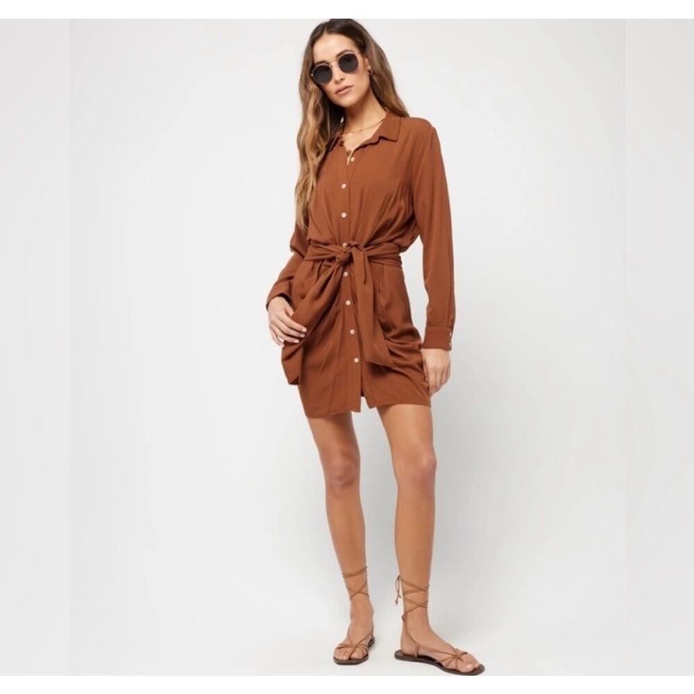 L*Space Aura Wrap Button Front Long Sleeve Dress Brown Large Resort New E23
